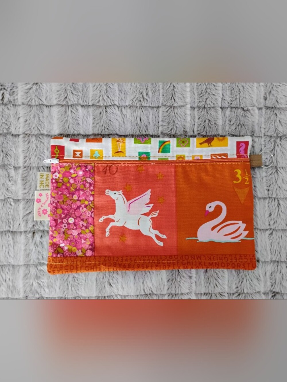 Whimsical Pegasus & Swan Zipper Pouch in Orange & Pink